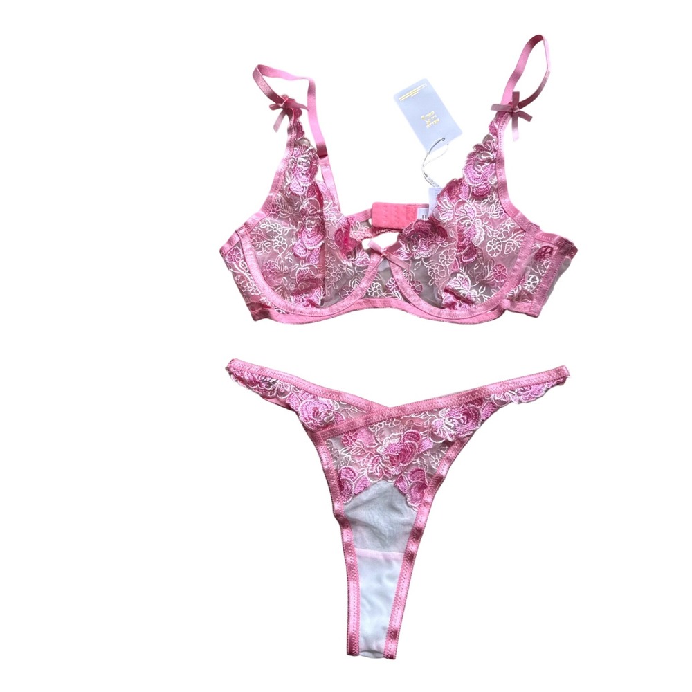 Pink Floral‎ Lingerie Set Lg Romantic coquette sexy Embroidered Bra Thong NEW